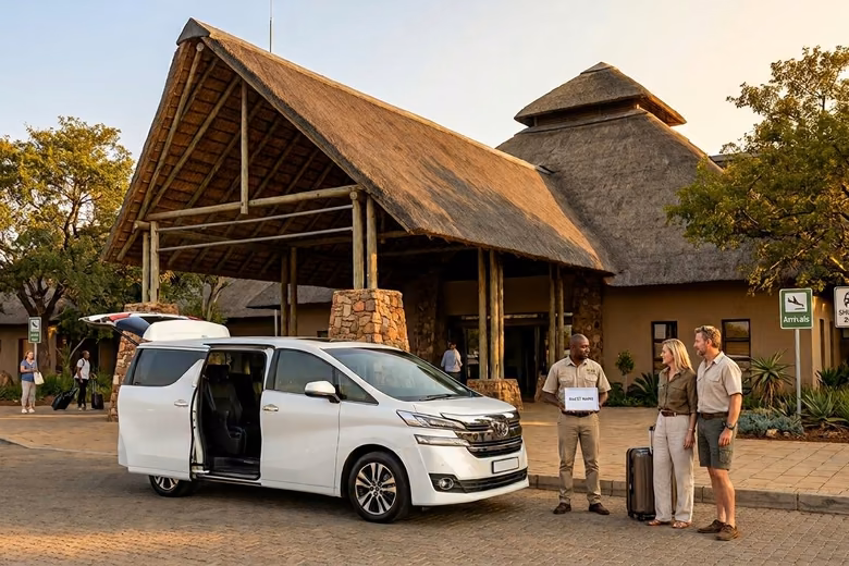 A transfer vehicle waiting under the thatch at Kruger Mpumalanga International Airport