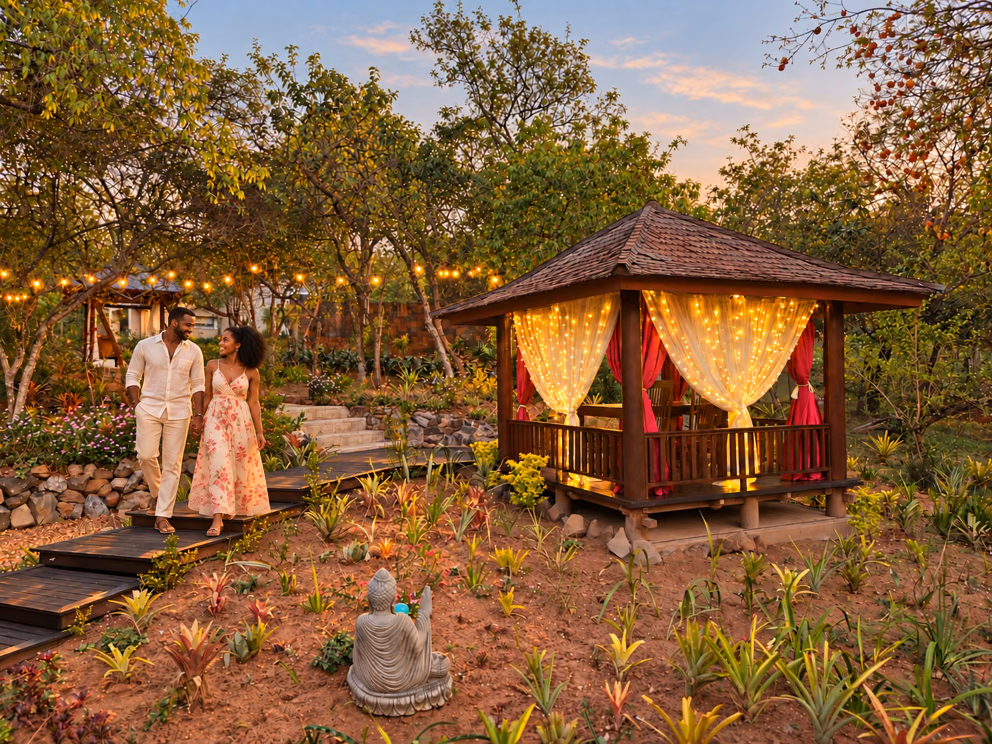 A couple walking hand in hand along the garden boardwalk towards the lit dining gazebo at dusk