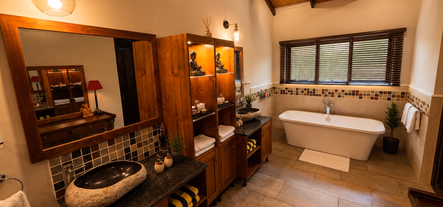 Freestanding bath and stone basins in a villa en-suite