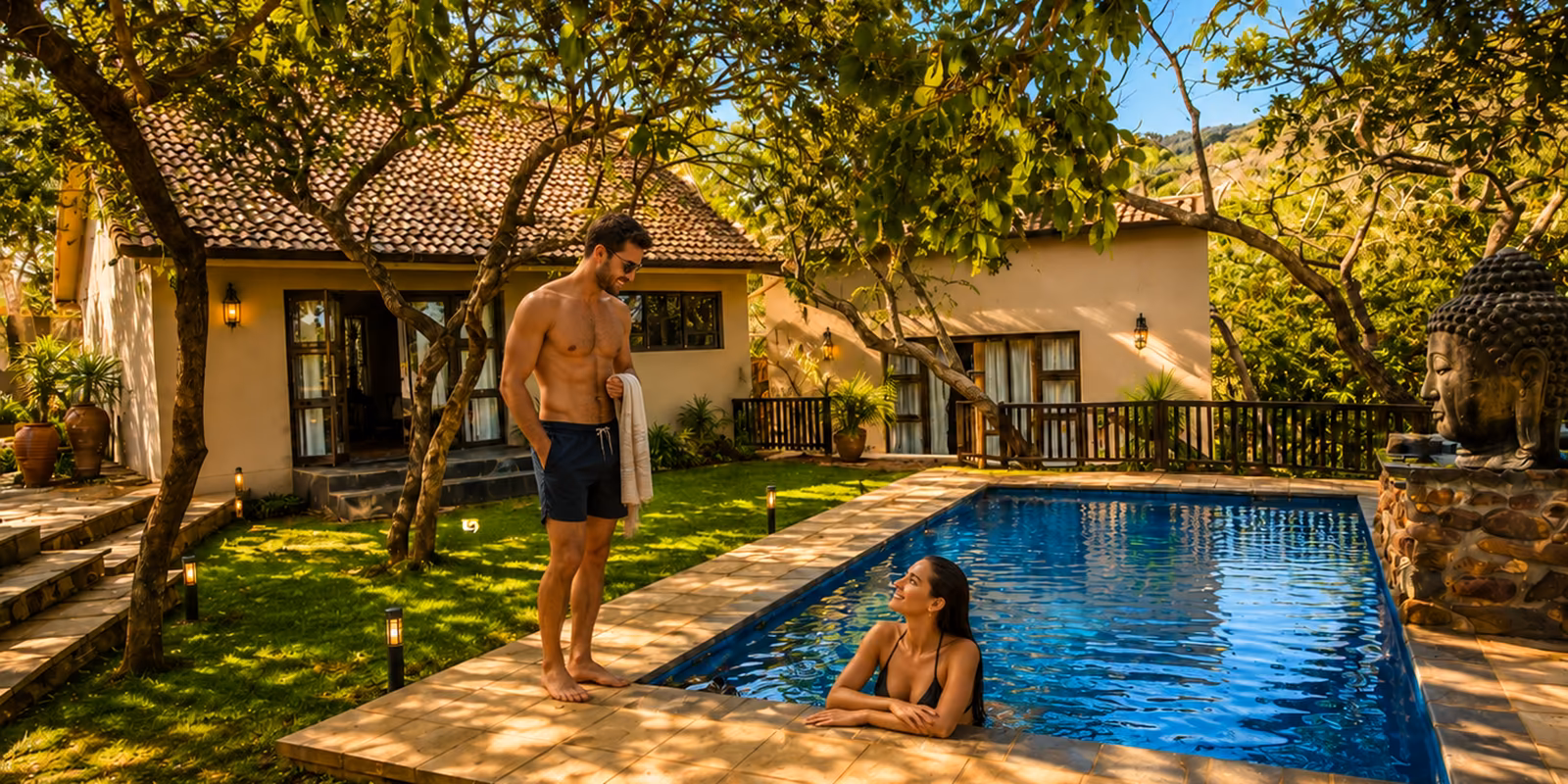Guests beside the private rim-flow pool of a villa